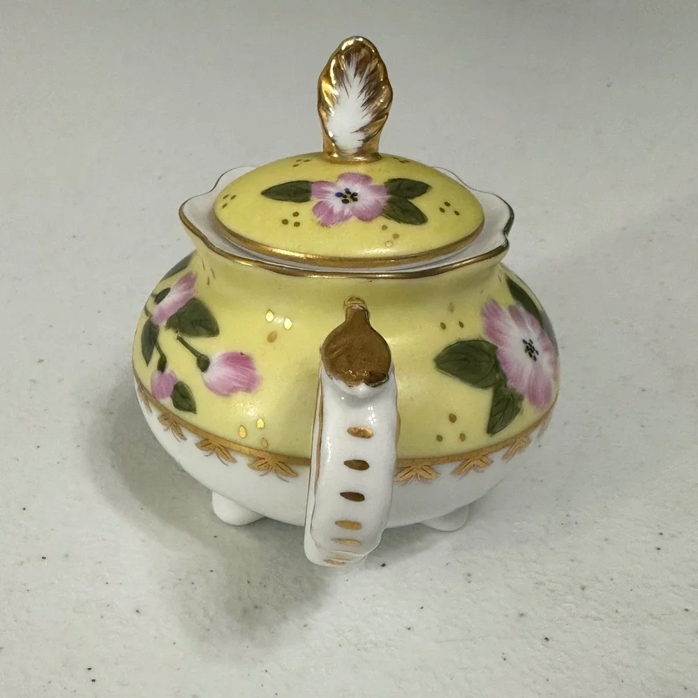 Miniature Decorative Teapot Floral Hand Painted Gold Trim Porcelain Yellow VTG